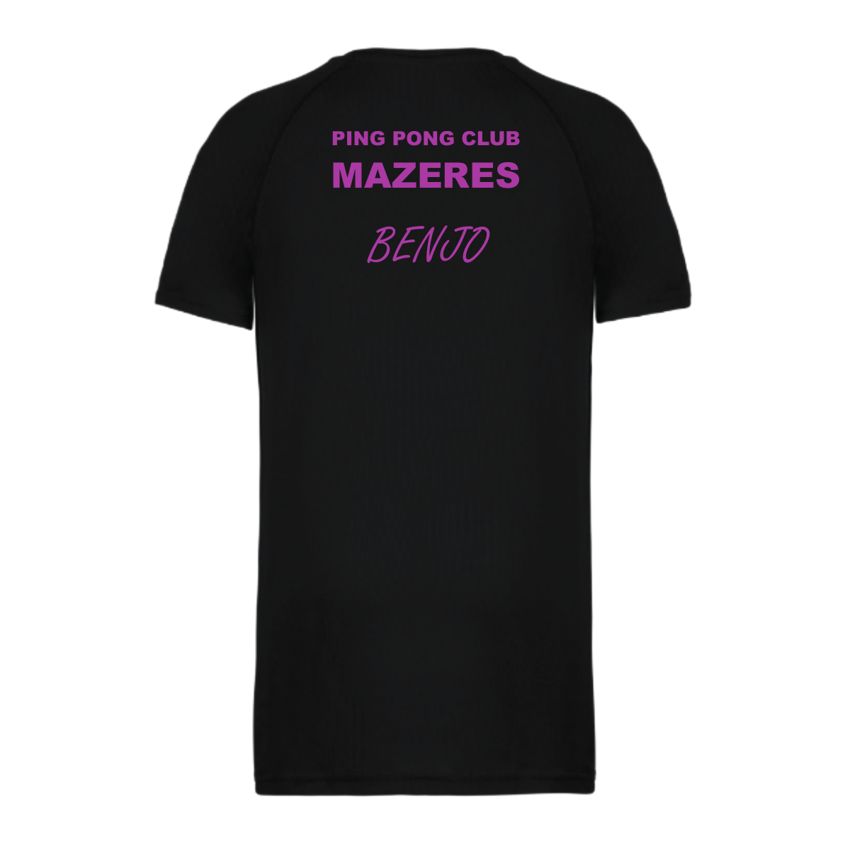 Tee-shirt enfant noir PROACT PA445 – dos PING PONG CLUB MAZERES avec BENJO comme exemple de surnom facultatif