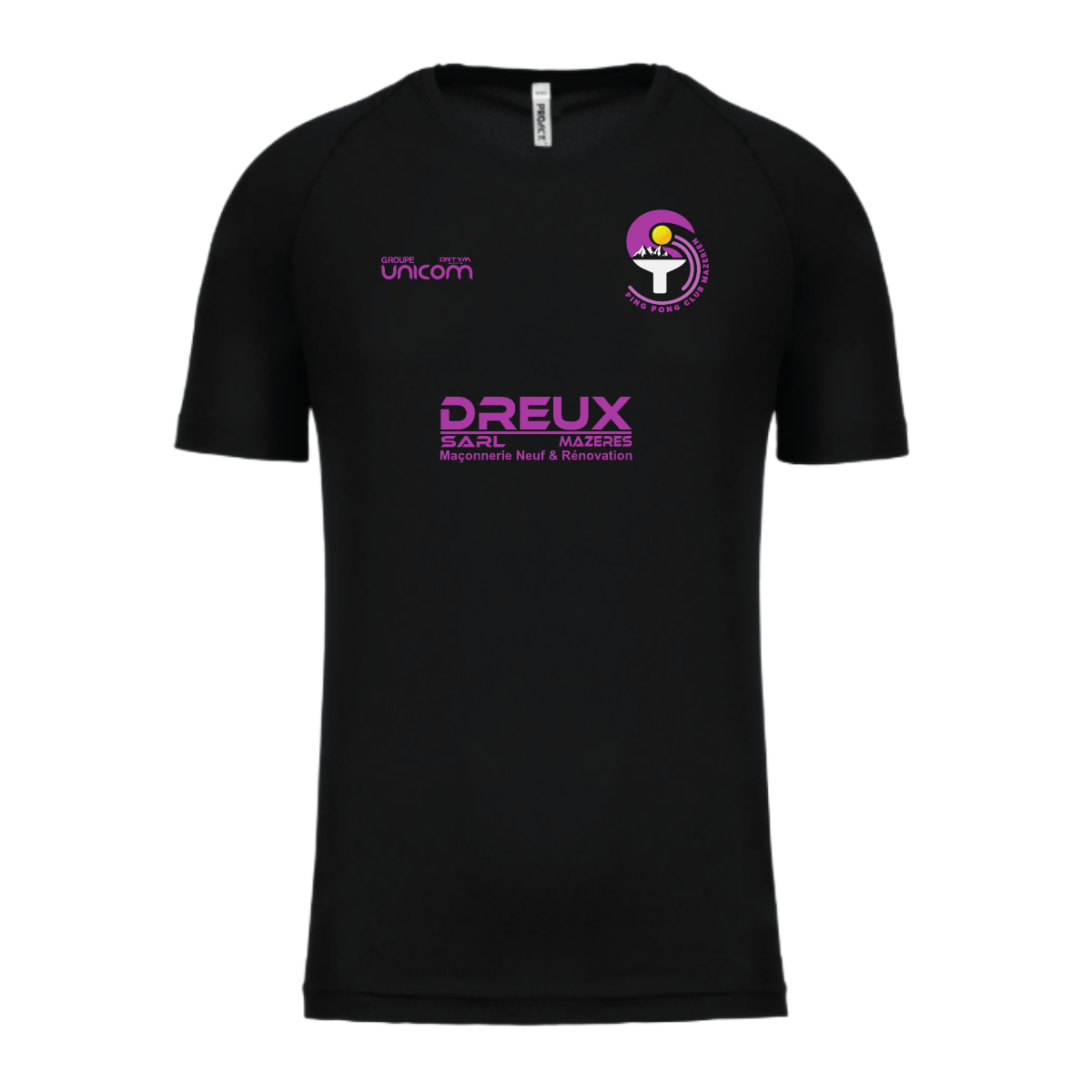 Tee-shirt enfant noir PROACT PA445 – face avec logos Ping Pong Club Mazérien, Groupe UNICOM et DREUX